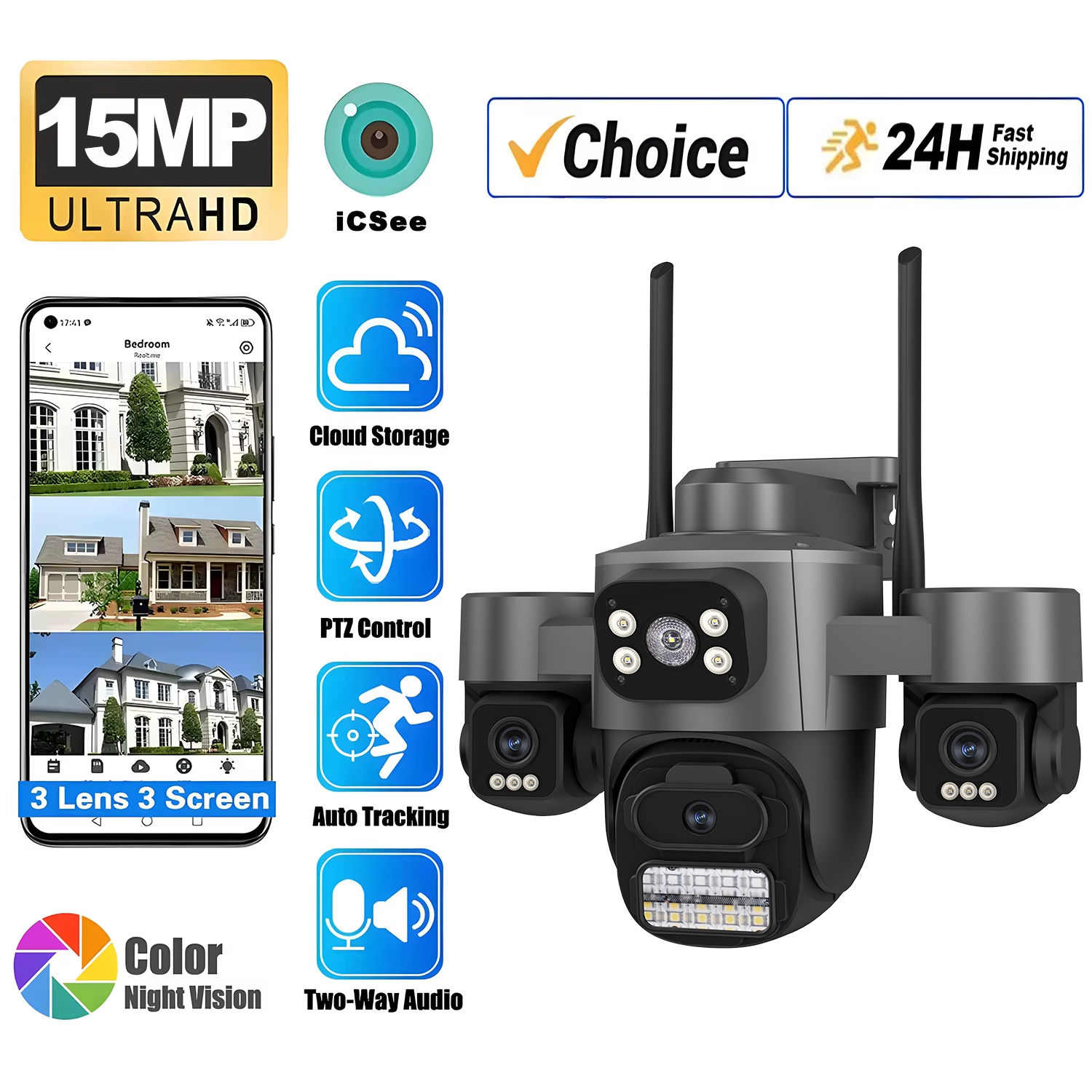 3 画面 3 レンズ 15MP HD WIFI IP カメラ 8MP デュアルレンズカメラ自動追跡 IP66 防水 CCTV ビデオセキュリティカム ICsee