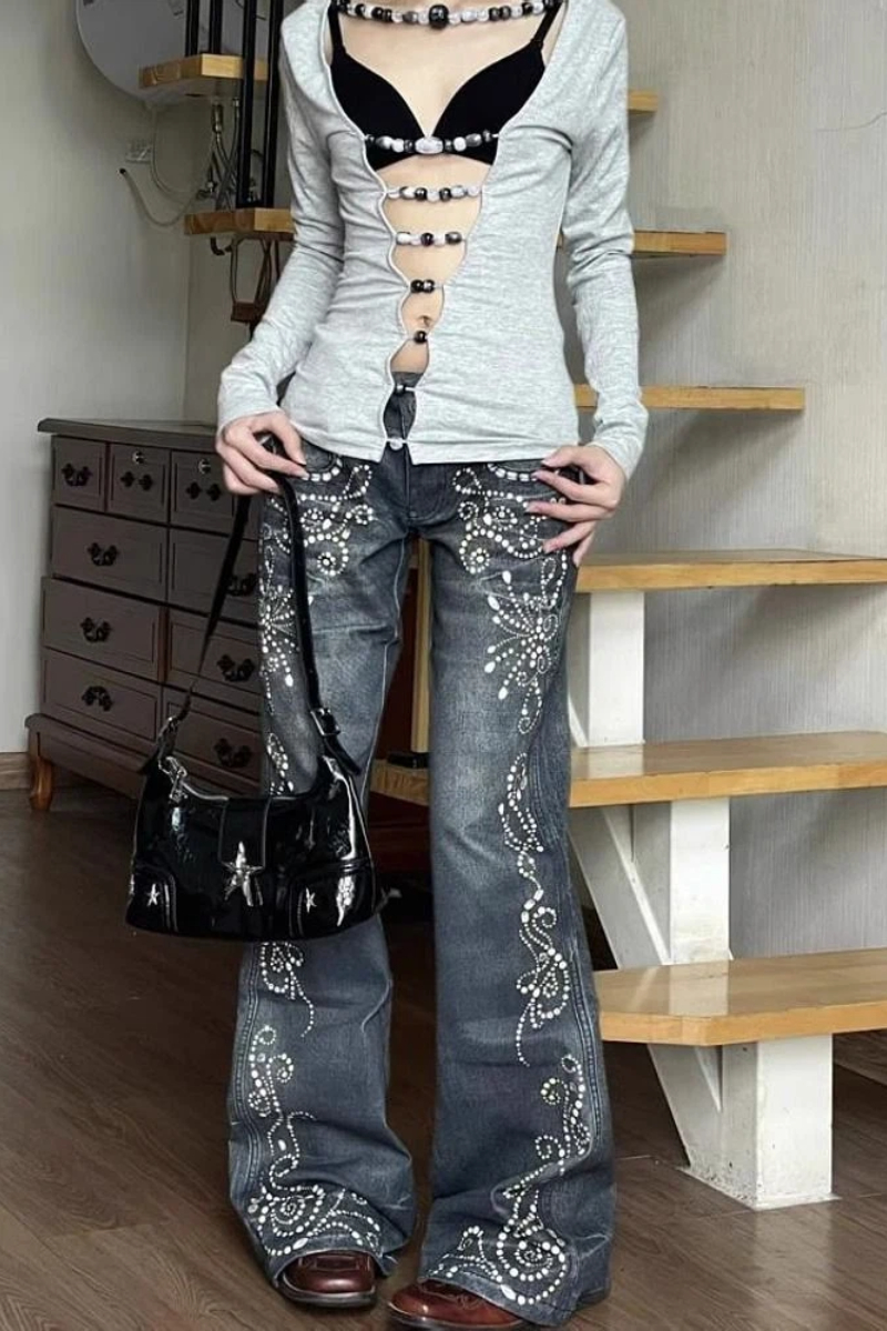 ジーンズ女性 Y2k パンツヴィンテージローライズブーツカットダメージデニムパンツ女性デザイン秋冬ファッション