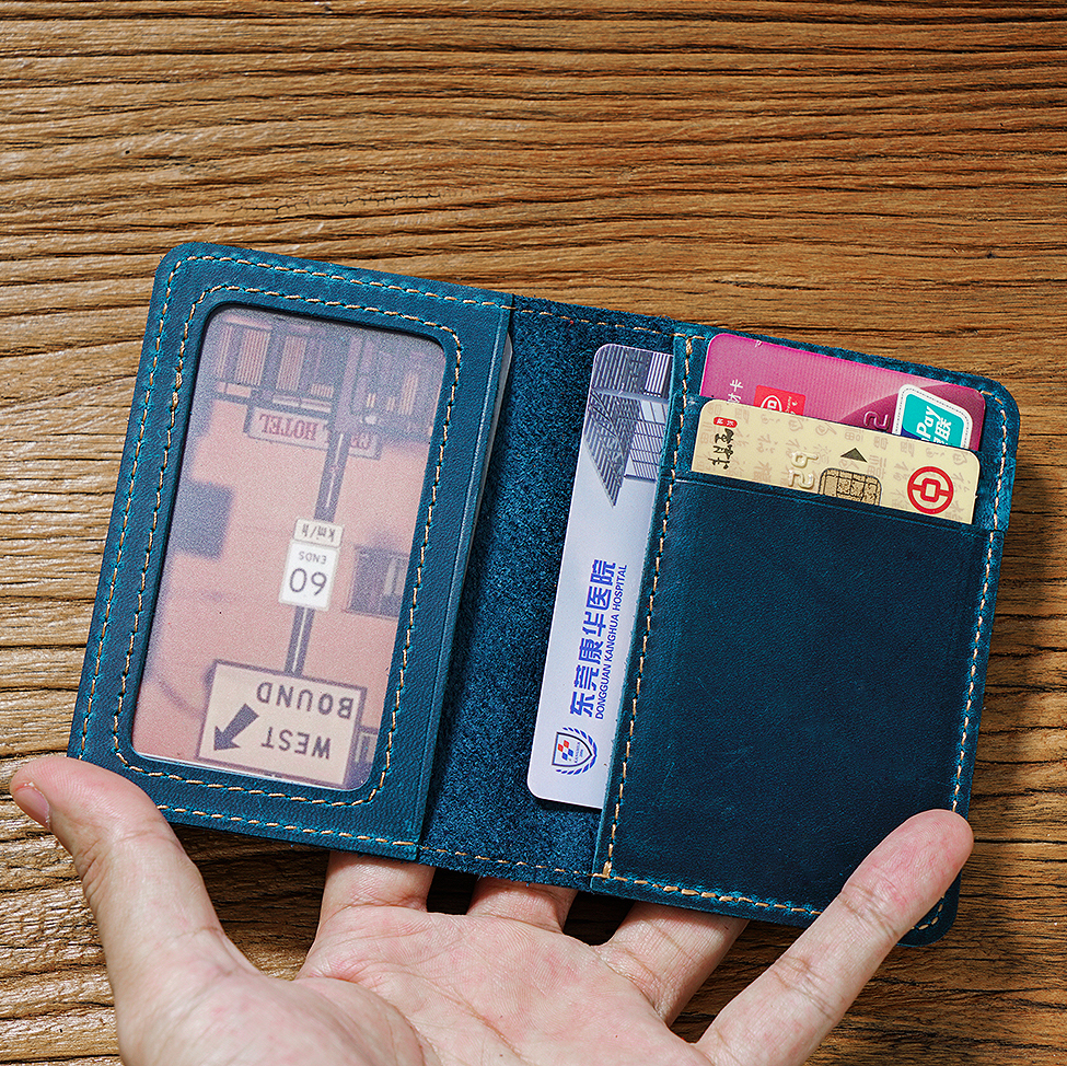 メンズ ヴィンテージ クレイジー ホース レザー カード ホルダー - ID 用スリム ショート ウォレット