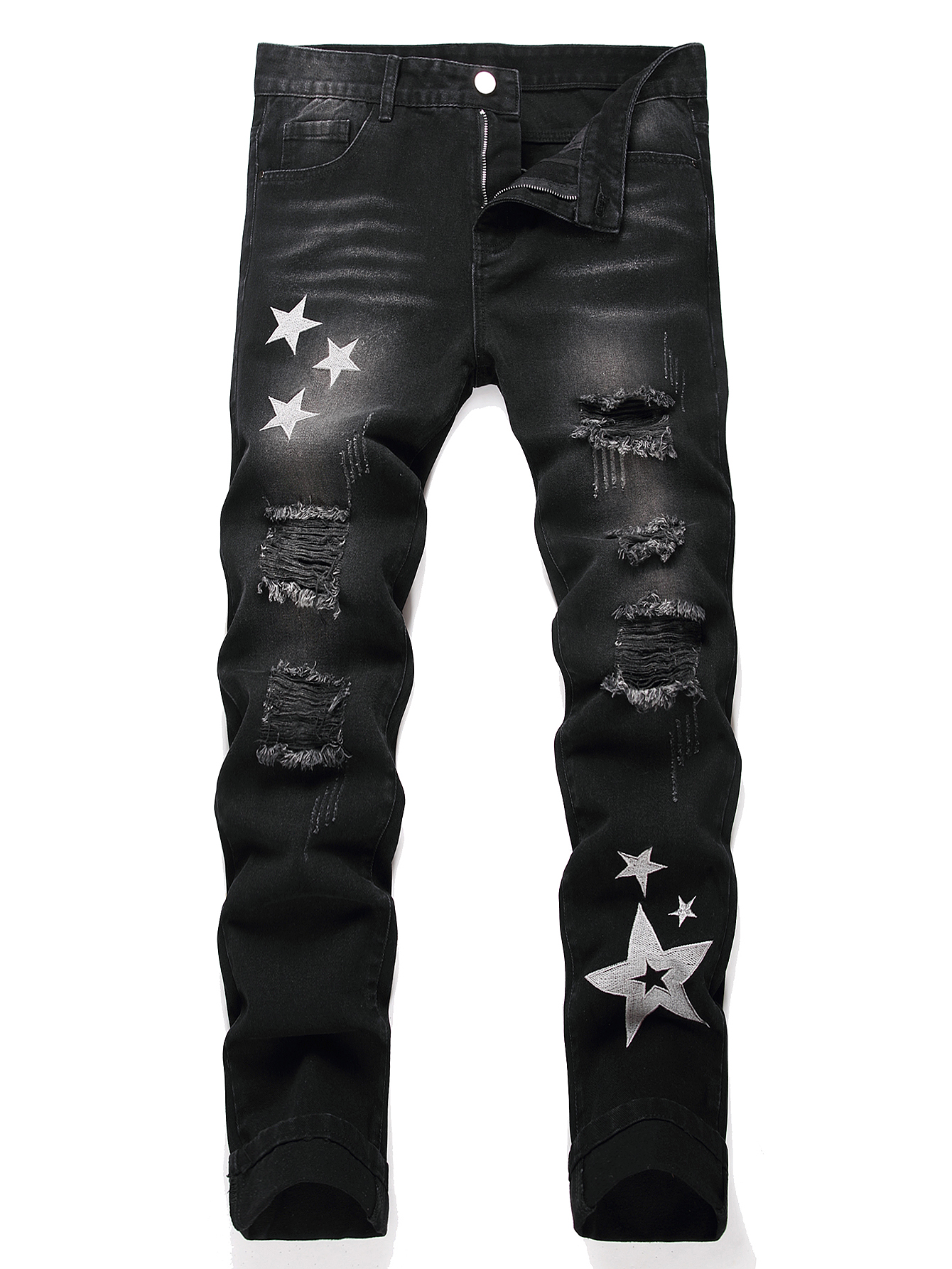 ブラック Y2K ジーンズミッドライズストレートレッグマンパンツシルバースターデザインダメージ加工デニム服ヒップホップ男性ストリート