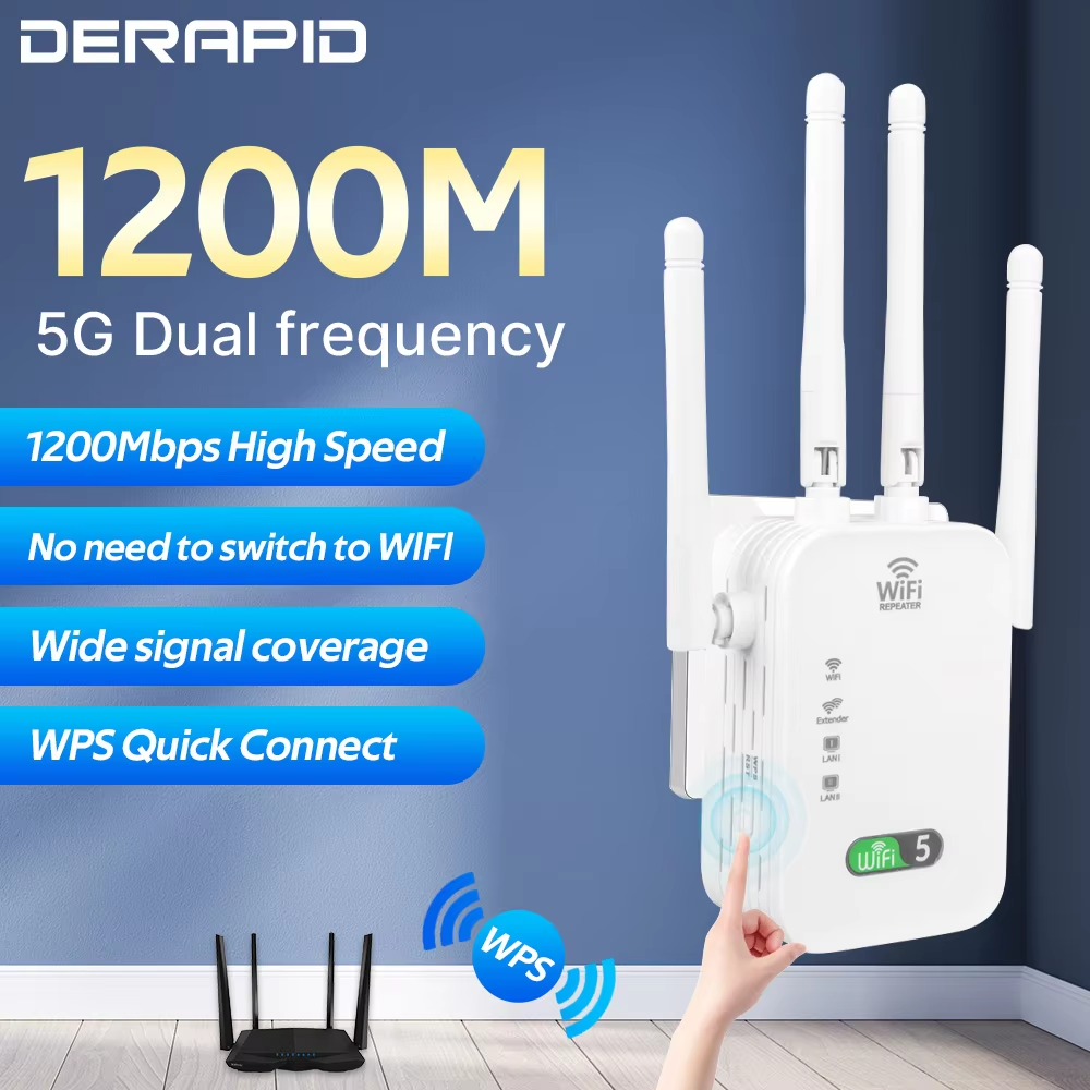 1200Mbps デュアルバンド WiFi リピーター 2.4G 5GHz 信号エクステンダー長距離ワイヤレスアンプブースターホームオフィス EU プラグゲイン