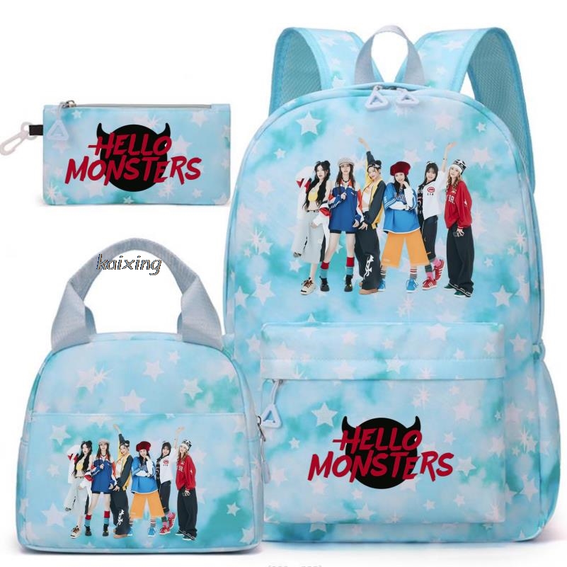 素敵な BABYMONSTER プリントバックパックランチバッグ鉛筆ケースセット学生通学ペンケース弁当ポーチスーツホリデーギフト