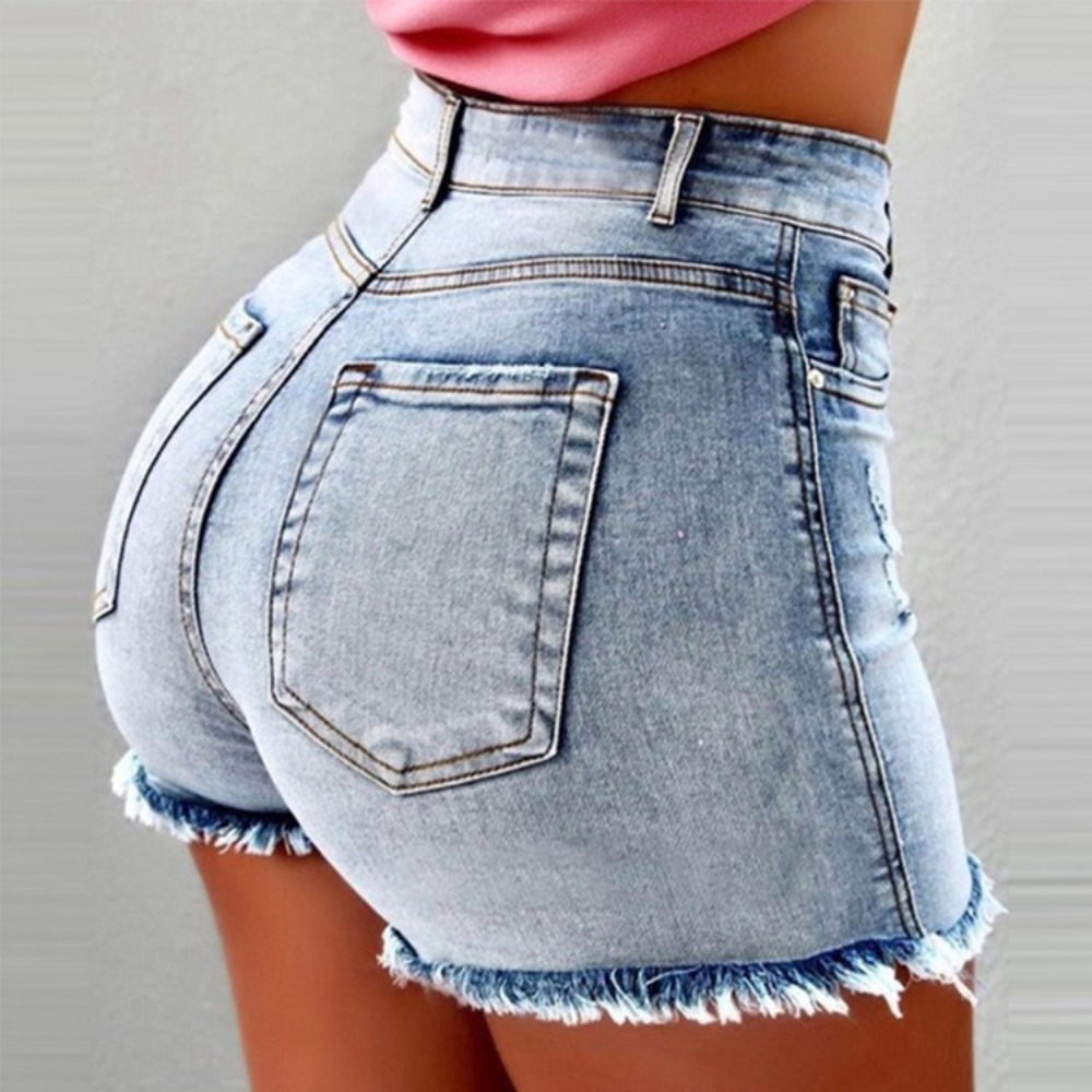 女性のハイウエストユーズド加工リップドデニムショーツほつれ裾ストレッチ夏ホットパンツカジュアル Streetwear110