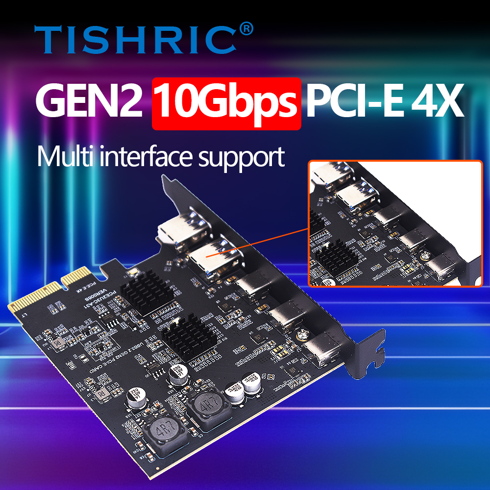 TISHRIC 10Gbps PCIE 2X 4X - 1-5ポート Type C USB 3.2アダプター拡張カード USB3.2 PCIEコントローラー（PCIE3.0 Express 4X～16X対応）