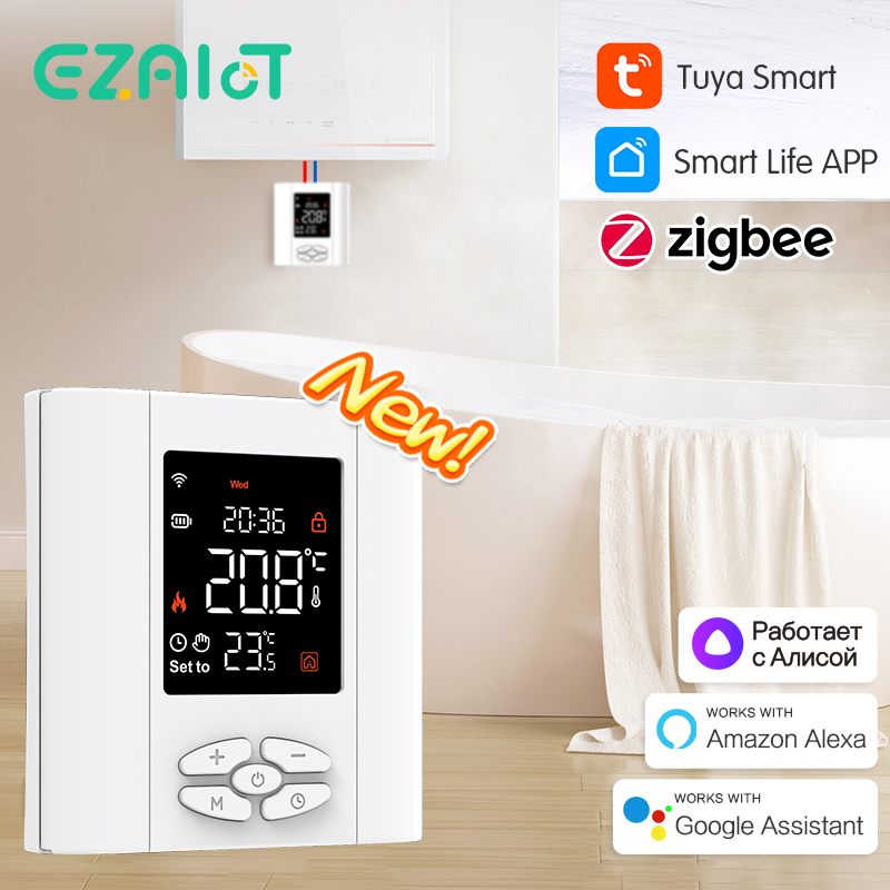 ZigBee バッテリー式サーモスタット 水ガスボイラー用 Smart Tuya WiFi ワイヤレス温度コントローラー 音声 Alexa、Google ホーム