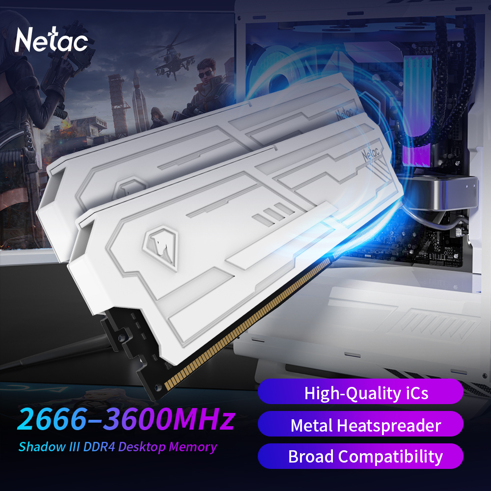 Netac DDR4 RAMメモリ 8G 16G DDR4 3200MHz 3600MHz 8GX2 16GX2 Shadow III UDIMM DDR4 1.35V XMP2.0 メタルヒートシンク付きデスクトップ用