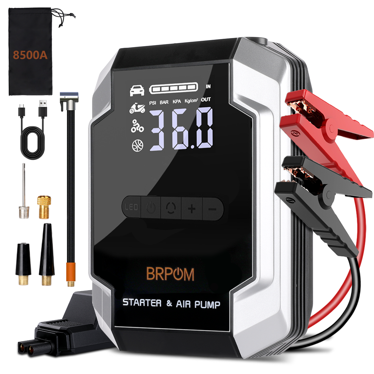BRPOM 8500A 車のジャンプスターター 26800mAh 150PSI エアコンプレッサー タイヤポンプ充電器、大容量パワーバンク、車のジャンプスターター
