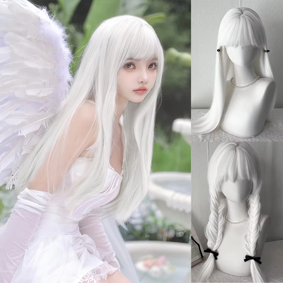 ホワイト ロング ストレート ウィッグ 女性用 前髪付き 自然な見た目の人工毛ウィッグ ハロウィン コスプレ 日常使用用