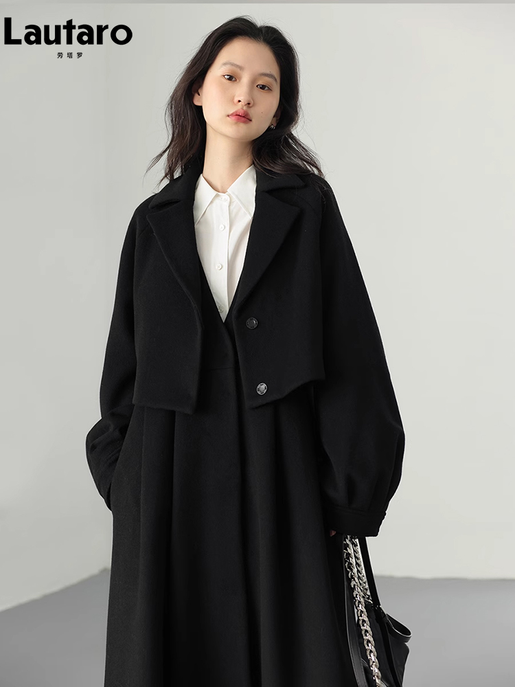 Lautaro 秋冬ロング Flowy 高級ヴィンテージ黒暖かい厚いウールのコートの女性の高級デザイナー偽 2 個服 2023