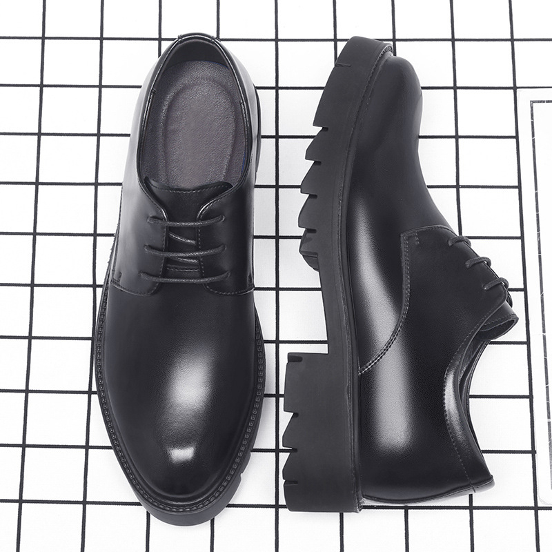 Mens Black Leather Lace Up Dress Shoes With Thick Lug Sole Platform Block Heel Formal Business Office Work Daily Wear Shoes