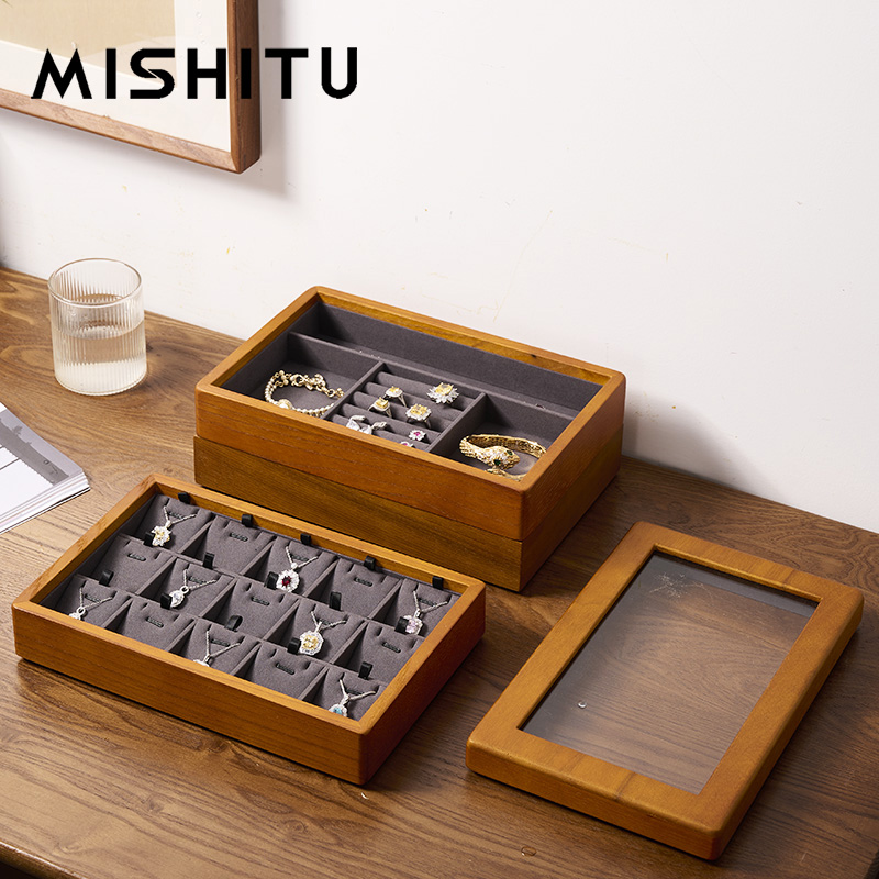 MISHITU 無垢材ジュエリーボックス 透明アクリル蓋付き ジュエリー収納オーガナイザーケース イヤリングリングアクセサリー収納ボックス