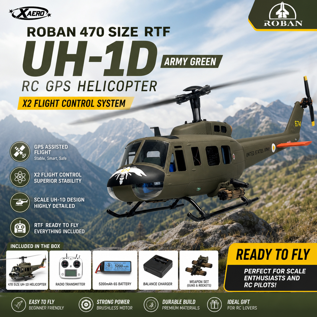 Roban 470 サイズ RTF UH-1D アーミー グリーン/イエロー RC GPS ヘリコプター X2 飛行制御システム