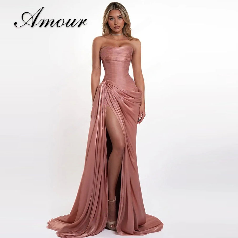 Amour カスタマイズされたファッションサテンイブニングドレスストラップレスガウンフォーマルな機会のロングドレス高級イブニングドレス
