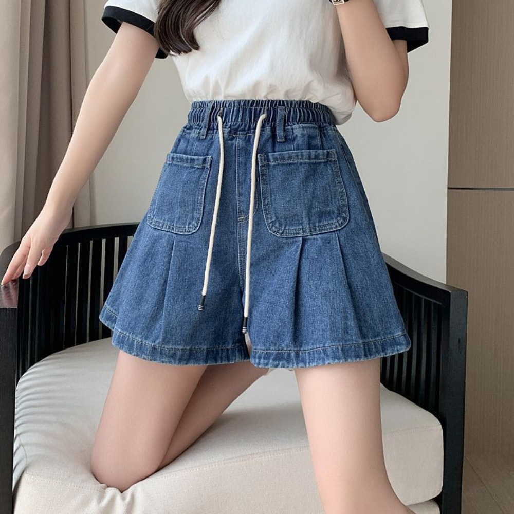 夏のレトロファッションカジュアル巾着デニムショーツハイウエストルーズフリルエッジ女性薄型多用途大型ショートパンツ