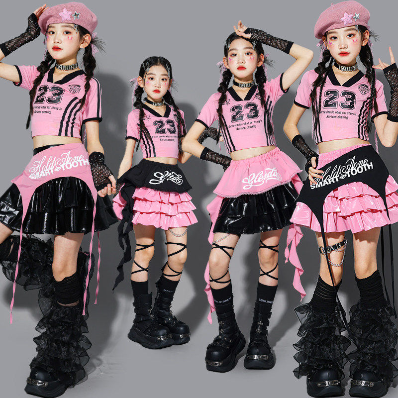 Girls K-pop Pink Crop Top Street Dance Leather Skirt Cool Clothes Set Group Jazz Stage Performance Costume Hip Hop Streetwear