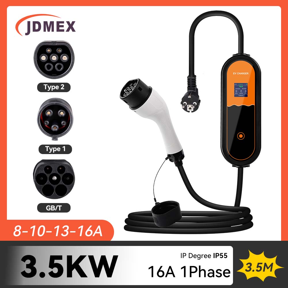 JDMEX Type2 EV 充電器ポータブル 3.5kW 16A EVSE 充電 EU プラグ SAE J1772 GBT 電気自動車充電器 8A-10A-13A-16A 調整可能