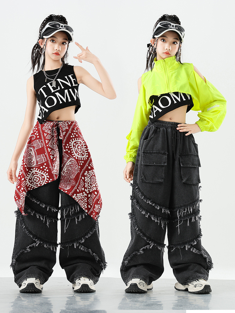 Kid Kpop Hip Hop Clothing Green Crop Jacket Top Denim Black Casual Raw Hem Jeans Pants for Girls Street Dance Costumes Clothes
