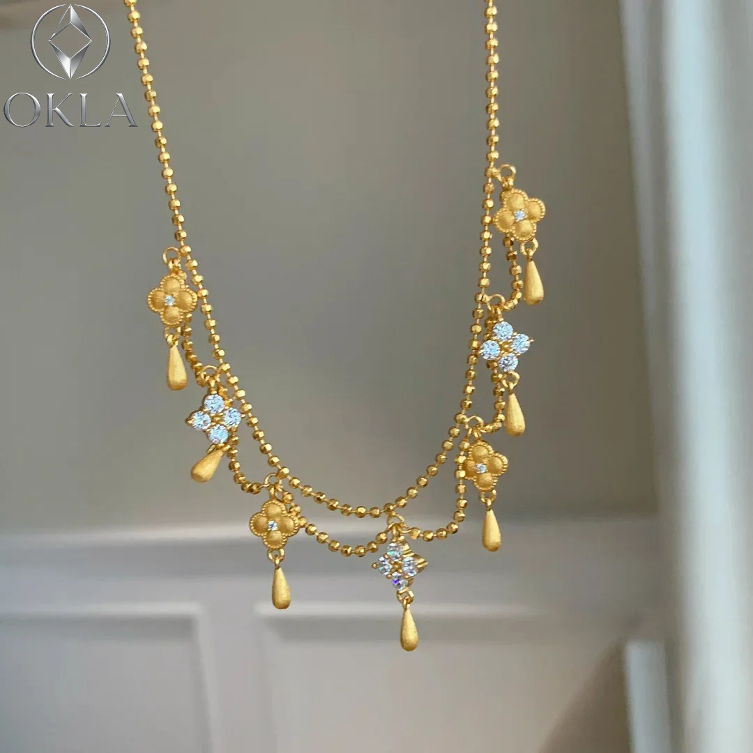 ヴィンテージ Frenchinspired 水滴タッセル フォーリーフ クローバー ネックレス 女性用 エレガント リュクス プリンセス スタイル チェーン