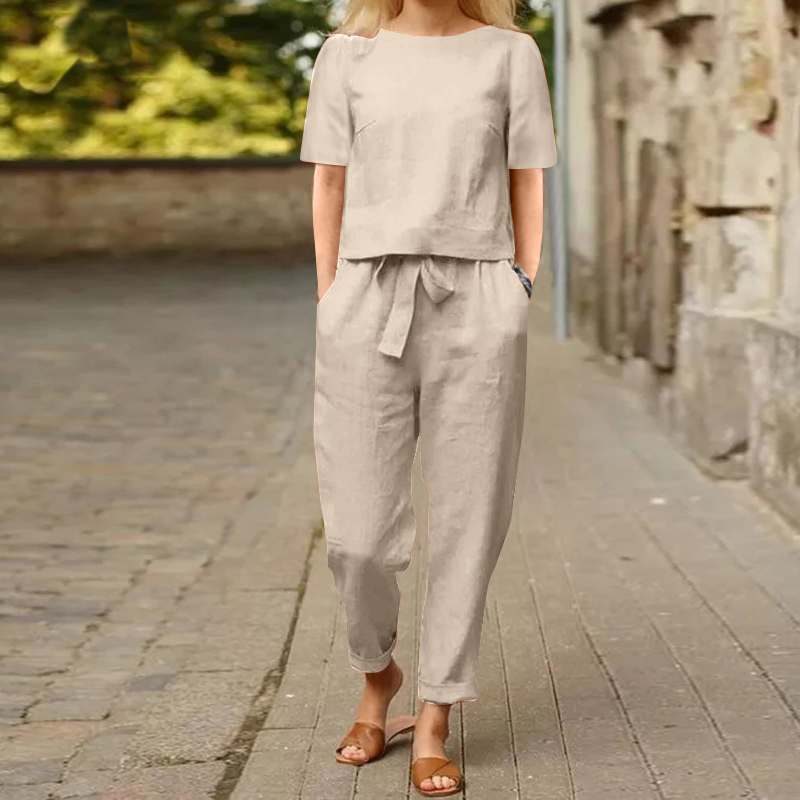 女性のコットンリネンスーツ夏のマッチングスーツ半袖ラウンドネクタイ弾性ウエストズボンワイドレッグパンツレトロスーツ 2024