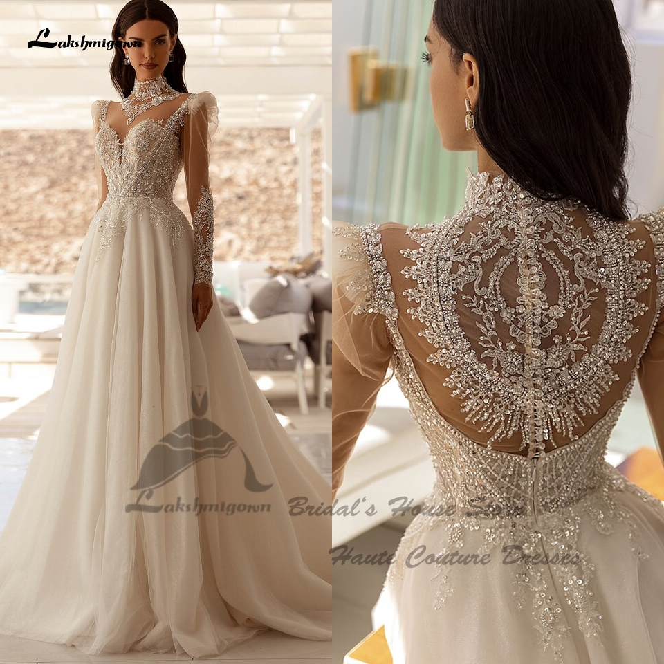 Lakshmigown 高級アラビア長袖ウェディングドレスビーズ Vestidos 2026 ヴィンテージイスラム教徒のブライダルドレスハイネックカスタマイズ