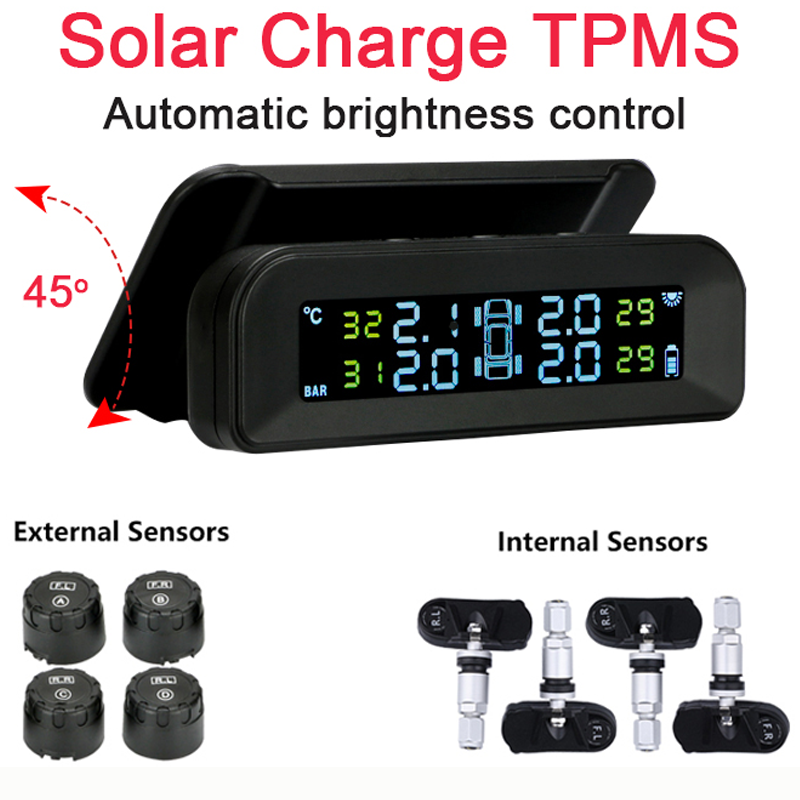 ソーラーカー TPMS タイヤ空気圧監視システム デジタル時計 LCD ディスプレイ 車のタイヤ空気圧温度安全警報システム