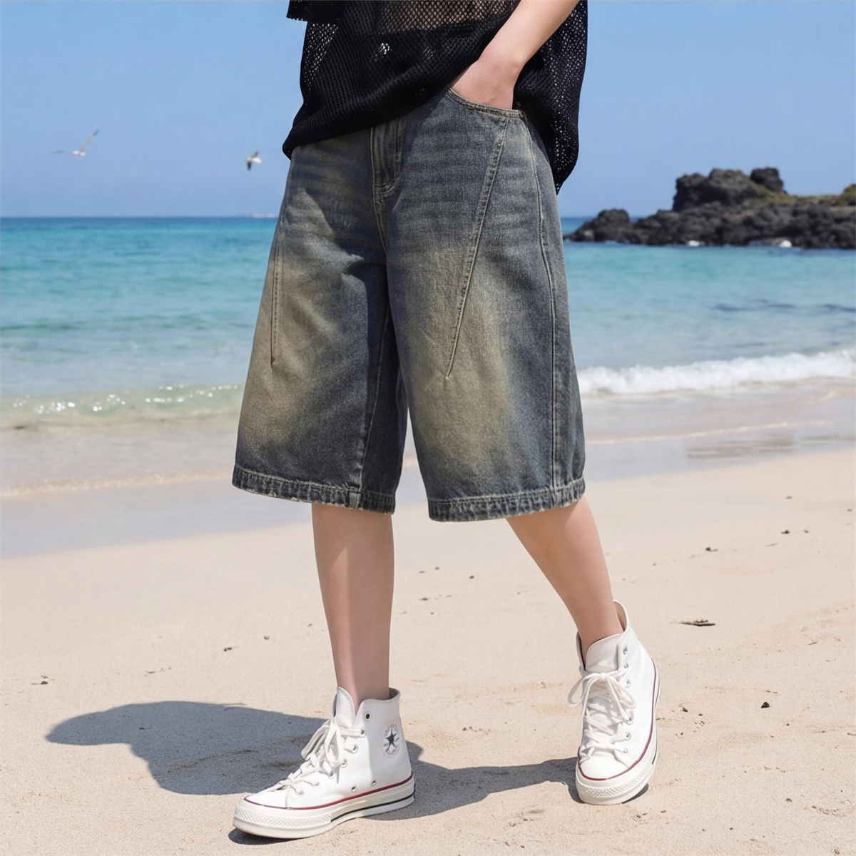 ハイストリート ヴィンテージ グラデーション デニム ショートパンツ ルーズ ワイドレッグ 夏 カジュアル ファッショナブルで多用途 トレンドセッターに必須のショートパンツ