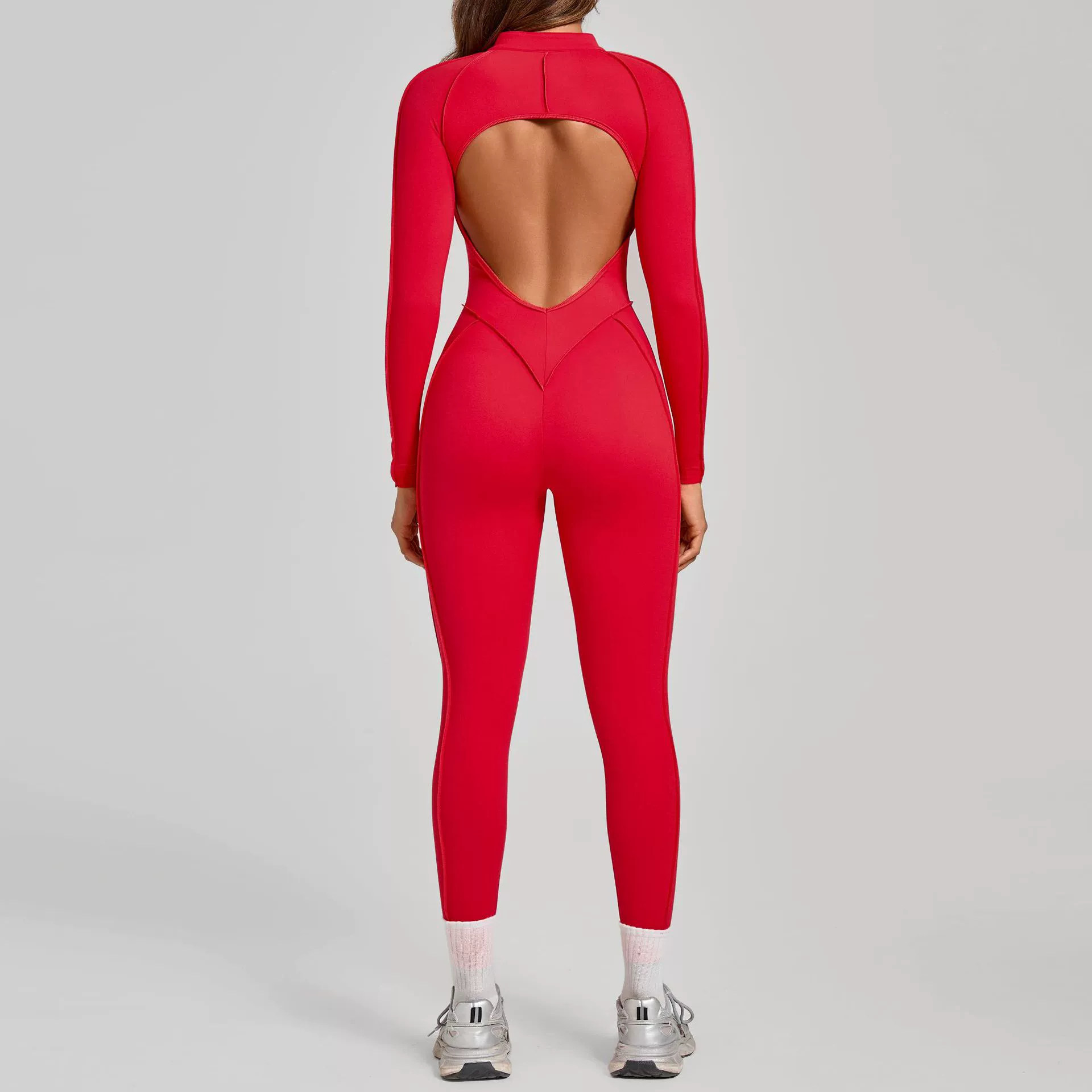 卸売スポーツジャンプスーツパッドフィットネスオーバーオール長袖スポーツウェアジムセット女性服トレーニング服ヨガ服赤