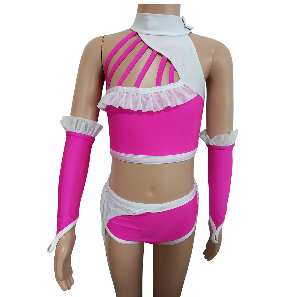 キッズガールズジャズ体操スーツ体操ダンスボディバレエパフォーマンス服ダンスレオタードグローブケーキスカート