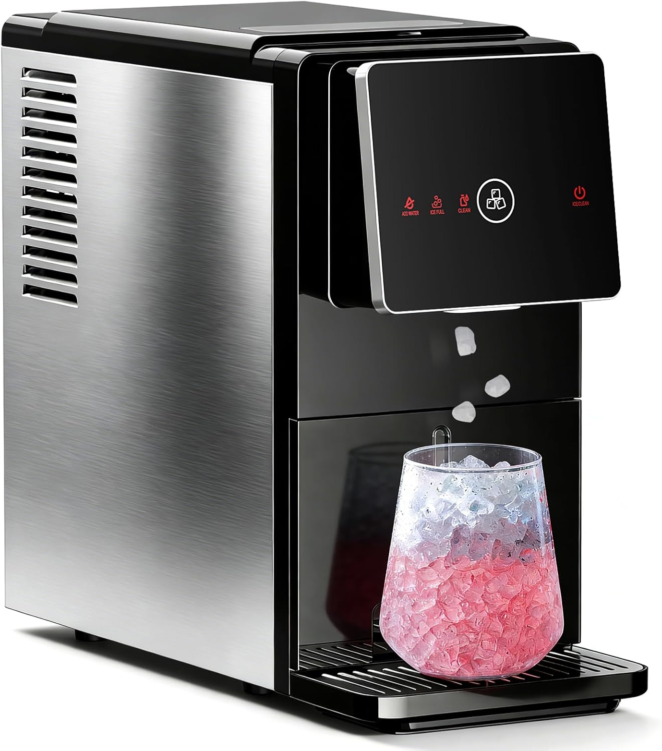 コンパクト製氷機カウンタートップ、1日あたり33ポンドのナゲットアイスを作る、自動ディスペンサー、セルフクリーニング、1.8L水タンク、自動氷リリース付きタッチスクリーン、家庭、オフィス、キッチン用