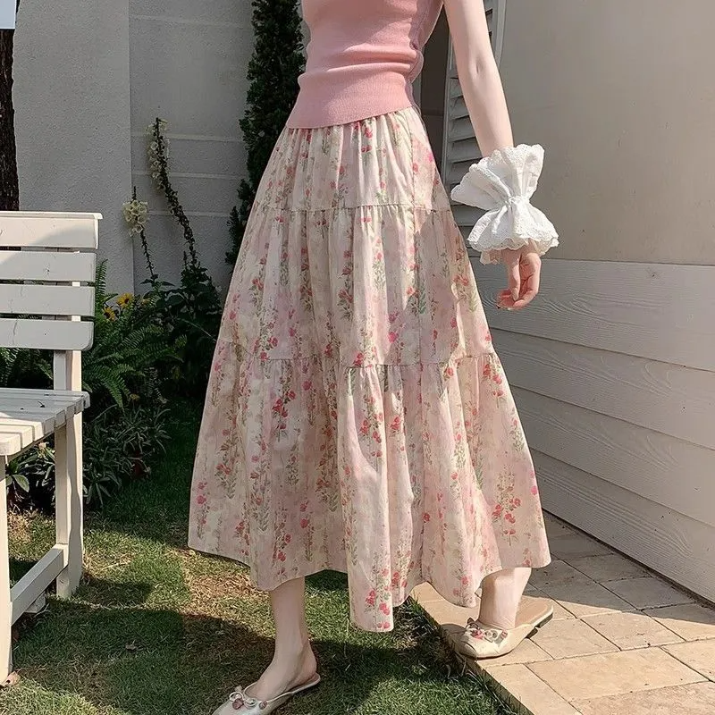 女性用 甘いピンク 花柄 ティアード ミディスカート 弾性 ハイウエスト フリル パッチワーク 流れるような ロングスカート カジュアル デイリー