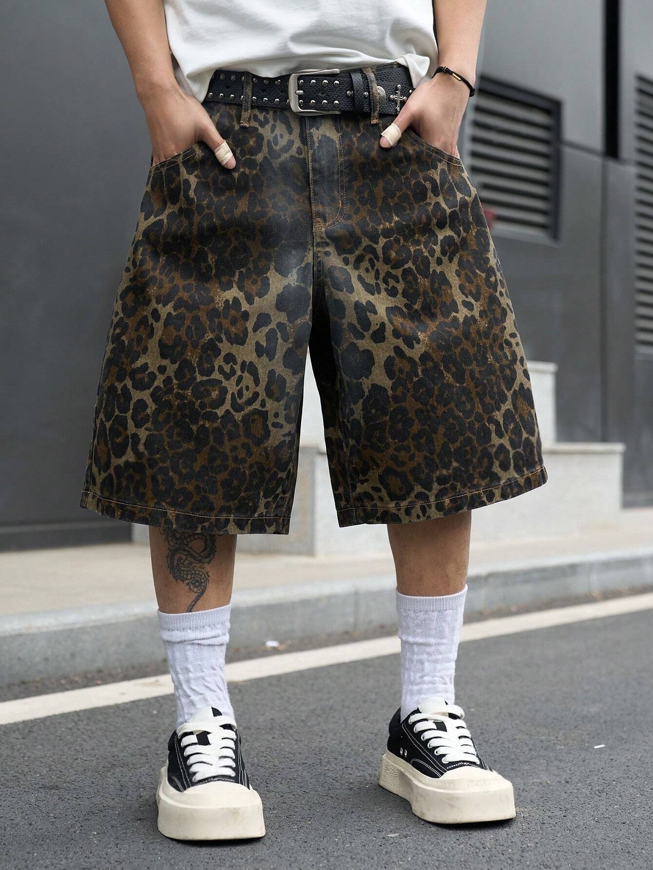 メンズ夏レトロヒョウ柄デニムショートパンツ、ウォッシュドルーズワイドレッグハイストリートグランジ膝丈デニムショートパンツ