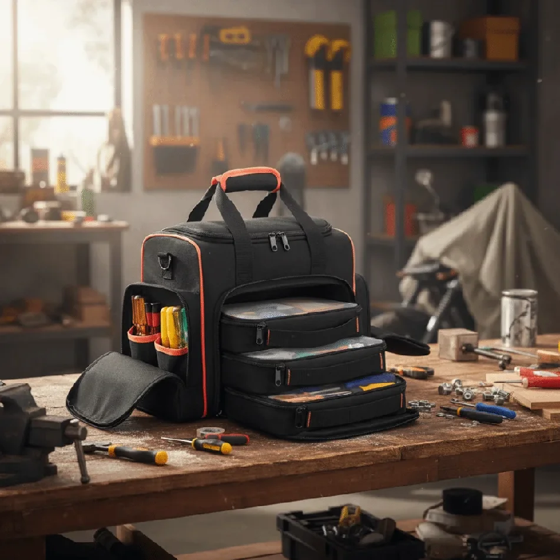 ブラックカラーツールバッグ 2 層レッドバインディングツールトート 3 つの取り外し可能なケース 2 層デザインの取り外し可能なケース ハンドツール収納
