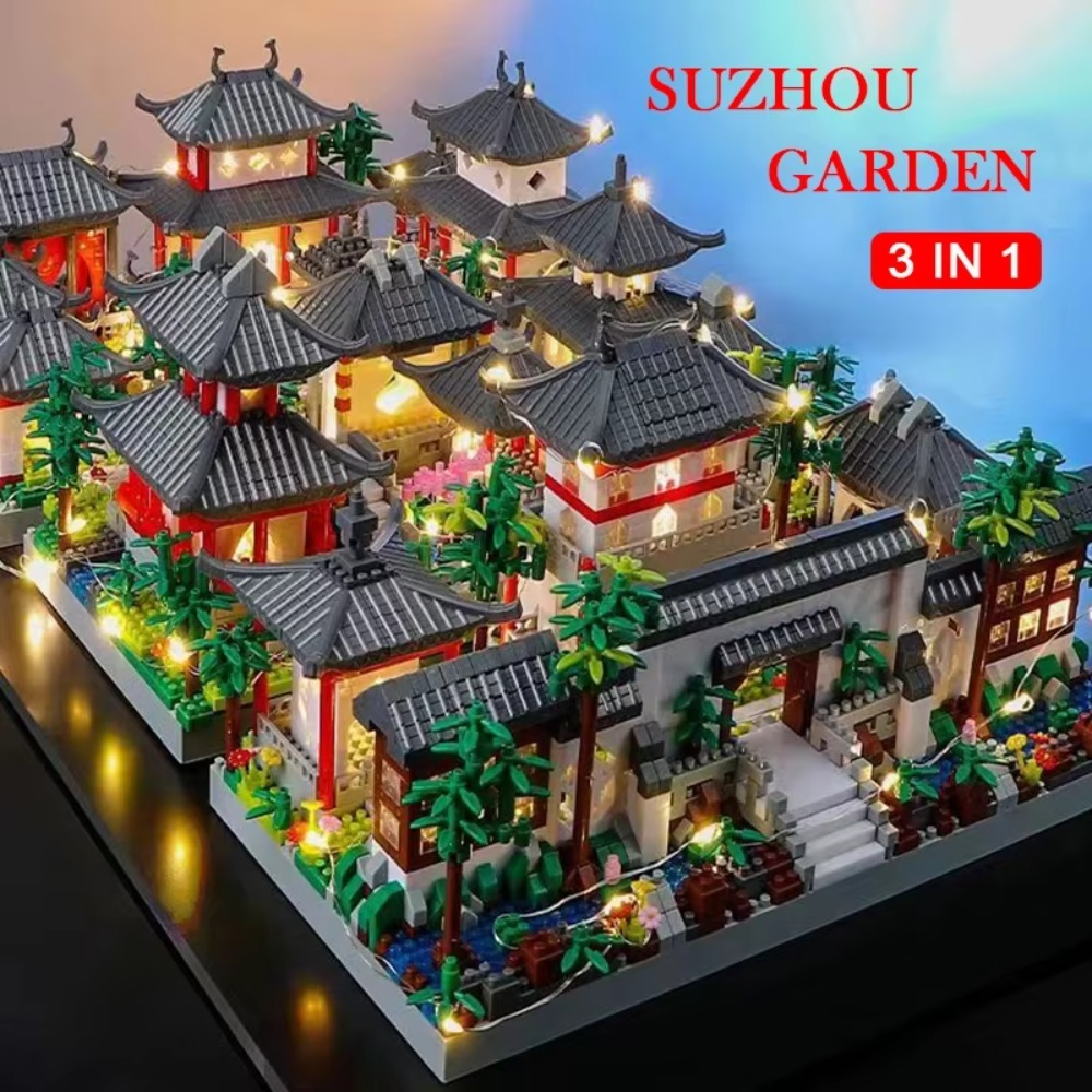 中国の伝統的な蘇州古典的な庭の寺院ビルディングブロック 3900 個ミニ組み立てレンガ建設おもちゃ