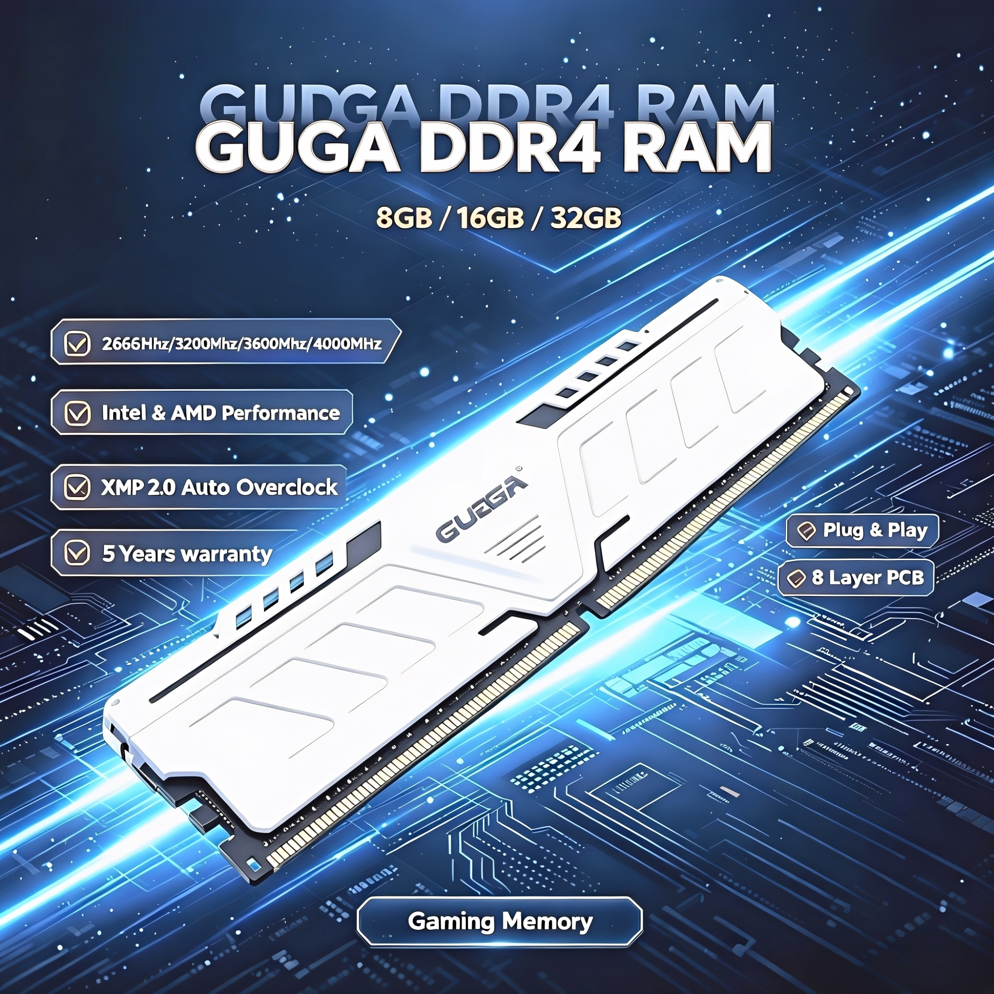 GUDGA DDR4 RAM 3200MHz/3600MHz/2666MHz 8GB/16GB/32GB 288ピン DIMM デスクトップメモリ（アルミ製ヒートシンク付き）