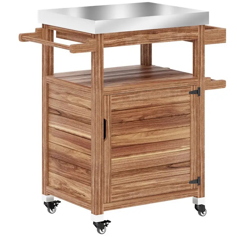 屋外グリルカート ステンレススチールトップ付き 無垢材屋外キッチンアイランド 車輪付き 引き出し サイドハンドル ブラウン