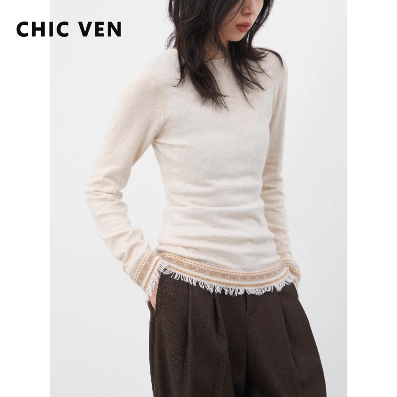 シック VEN 新しい女性ニットセータースリムヴィンテージ長袖 O ネックスプライシング生エッジ女性プルオーバー Tシャツ春秋 2026