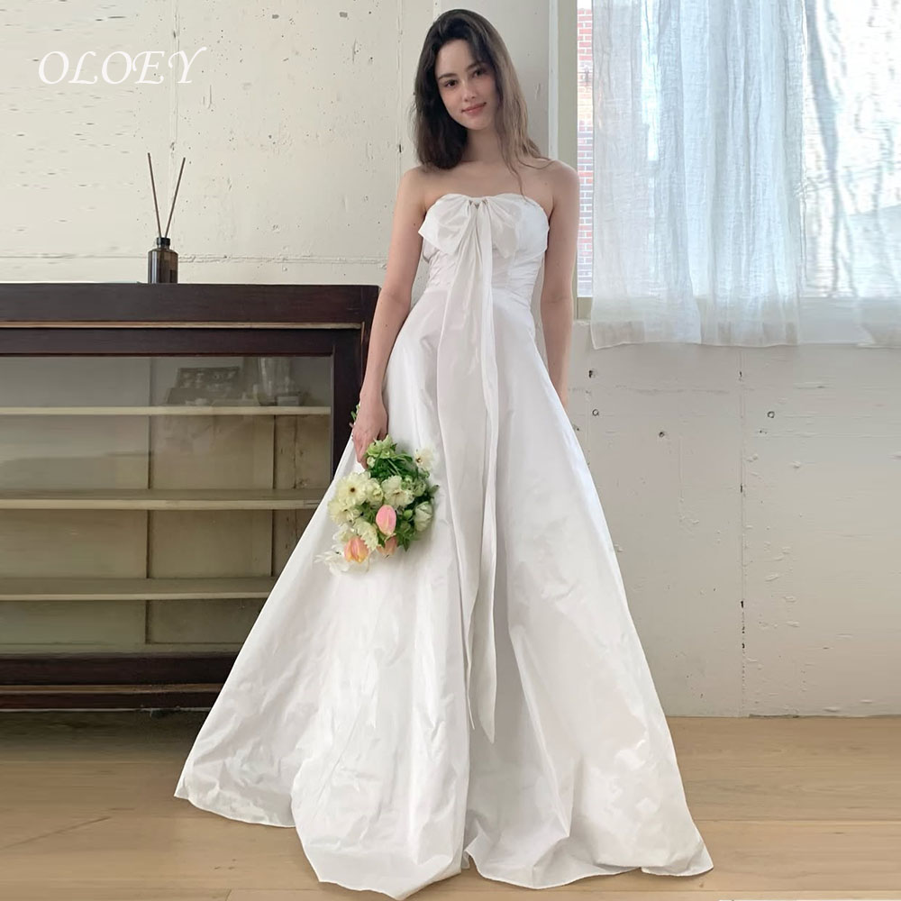 OLOEY シンプルな A ラインタフタ韓国ウェディングドレスカスタマイズされた写真撮影ストラップレス 3D 弓床の長さのブライダルドレスプラスサイズ