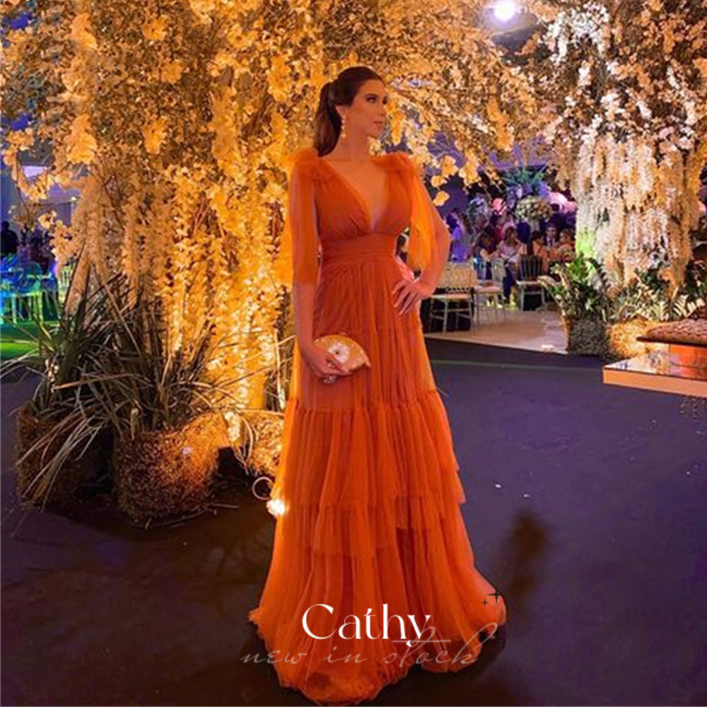 Cathy Puffy Sleeve A-line Prom Dress Orange Multi-layer Evening Dress Organza فستان سهرة Sexy V-neck Customized Party Dresses