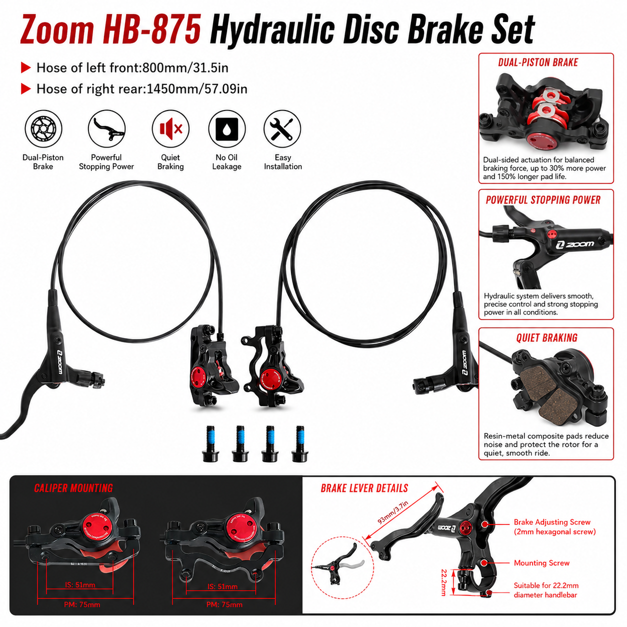 Z00M MTB 油圧ディスクブレーキセット フロント 800mm リア 1450mm 2 ピストン油圧自転車ディスクブレーキ アルミ合金 マウンテンバイク E-バイク ファットバイク用