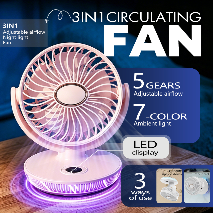 3-in-1 ポータブルファン、5 スピード、7 色のナイトライト、1-8 時間タイマー、LED ディスプレイ、壁掛けファン、静かで強力なホームオフィス用