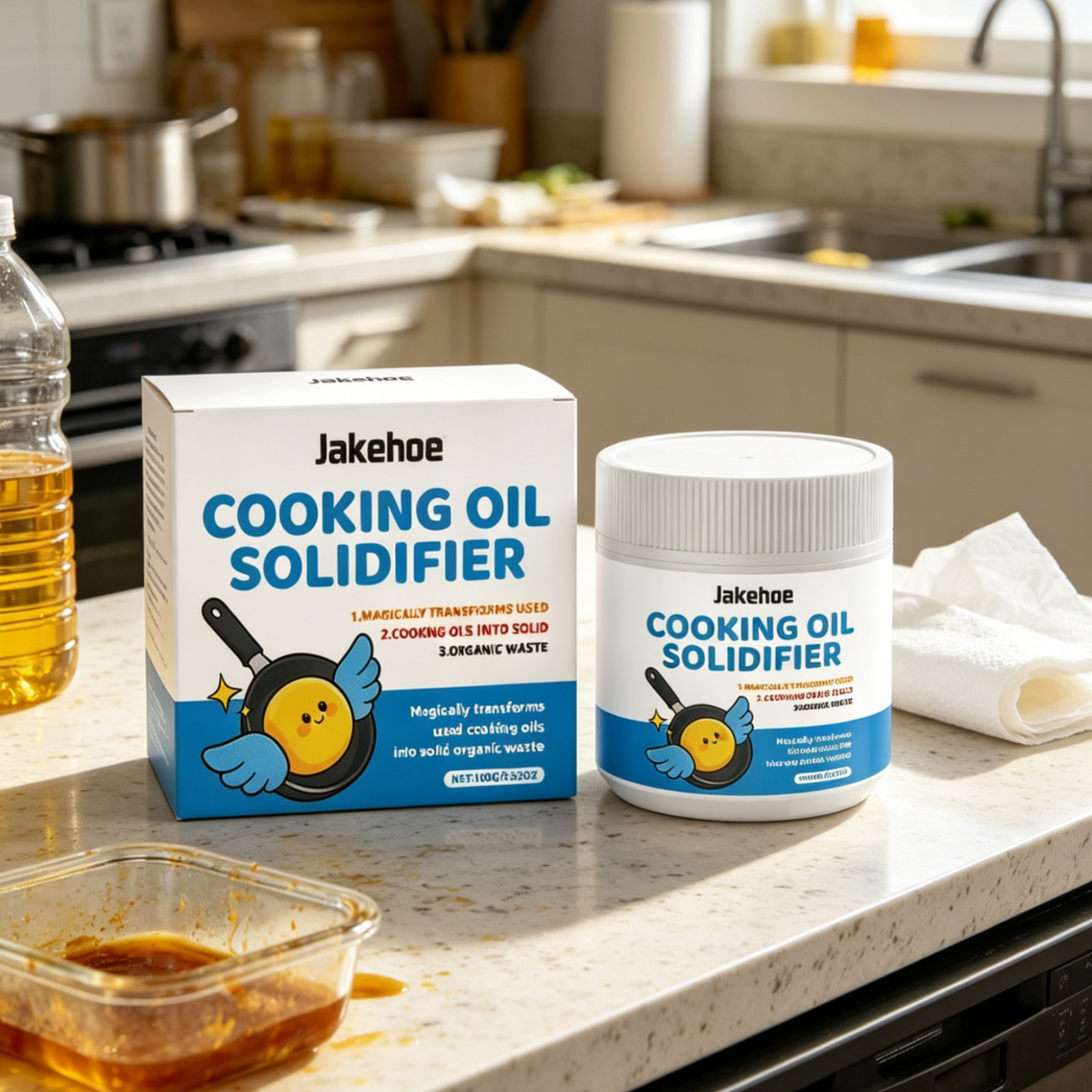 Jakehoe Cooking Oil Solidifier Powder Rapid Solidification Safe Ingredients Multi Use Grease Home Kitchen Waste Oil Solidifier