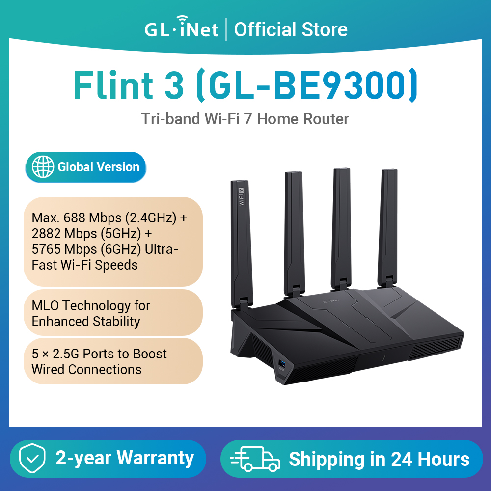 GL.iNet GL-BE9300 (Flint 3) 初のトライバンド Wi-Fi 7 ホーム ルーター 5x 2.5G ポート 堅牢な VPN 機能とペアレンタル コントロール