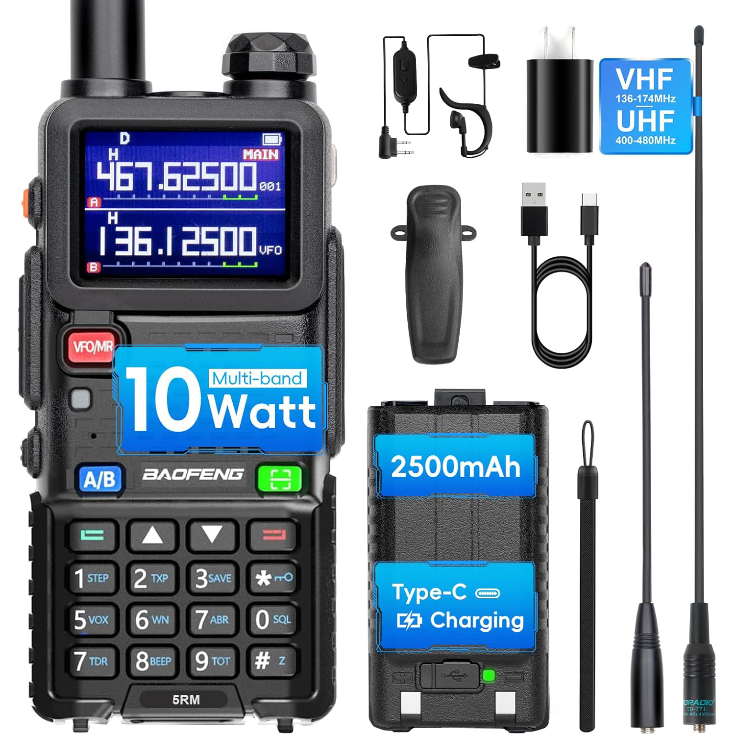 BAOFENG 5RM 10W ハムラジオ長距離 UV5RM GMRS ラジオハンドヘルド双方向ラジオ NOAA 天気受信機充電式長距離ウォーク