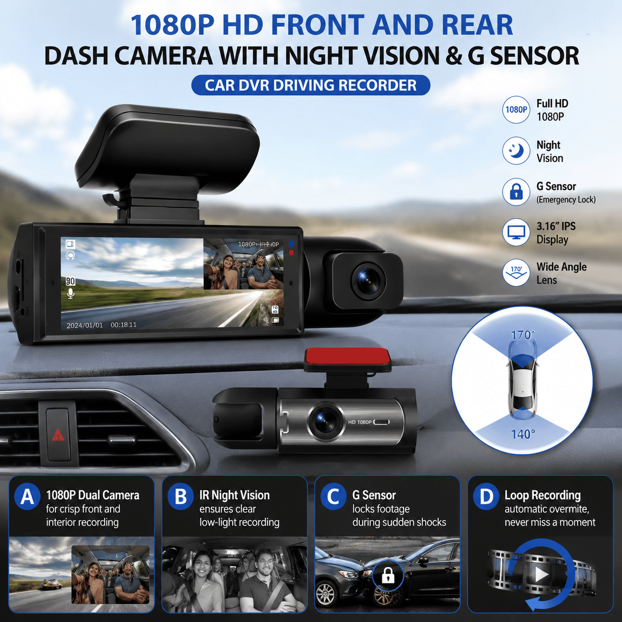 1080P HD フロントおよびリア ダッシュカム 車用ドライブレコーダー IR ナイトビジョン G センサー付き 3 ポイント 1 6 インチ IPS スクリーン 高鮮明度車 DVR カメラ 車両広角録画用 ナイトビジョン PA
