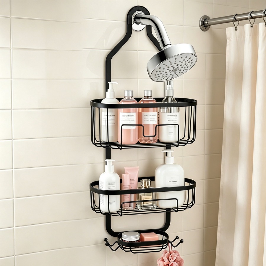 Hanging Shower Caddy Over Shower Head 3 Tier Metal Bathroom Shower Organizer with Soap Tray and Side Hooks No Drilling Shower S