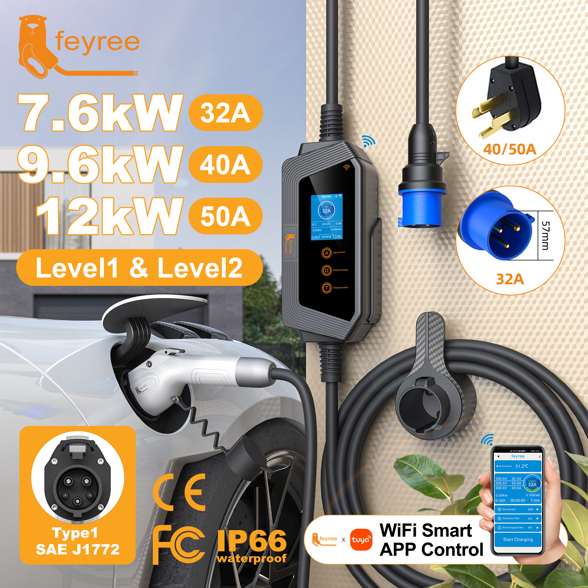 Feyree Type1 50A 40A 32A 1 相ポータブル EV 充電器 J1772 ソケット急速充電スマート APP WIFI 制御バージョン電気自動車用
