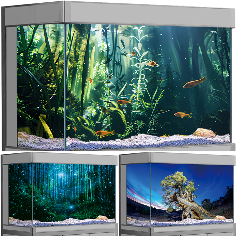 3D 熱帯雨林植物水族館ステッカー星空スカイツリー PVC 背景光る滝デカール水槽用