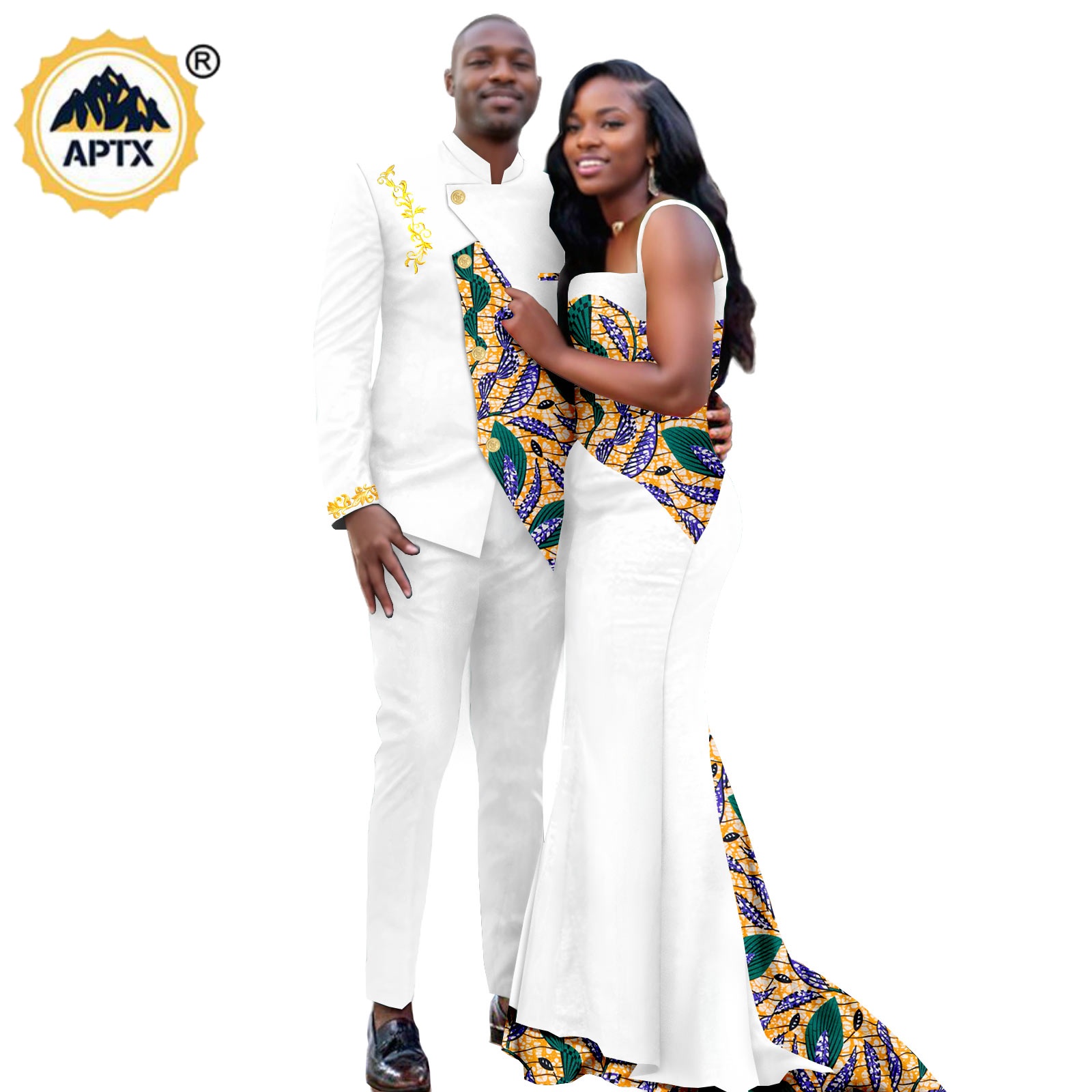 Dashiki アフリカのセクシーなプリントマーメイドロングドレスマッチングカップル衣装バザンリッシュ男性服ジャケットトップとパンツセット 24C061