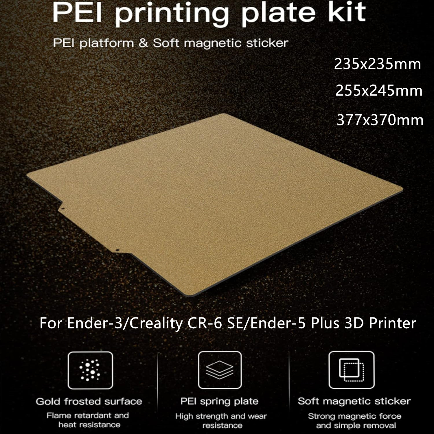 Ender-3/CR-6 SE /Ender-5 Plus PEI プリントベッドキット両面テクスチャード PEI フレキシブルスチールビルドプレート 235x235/255x245/377x370mm