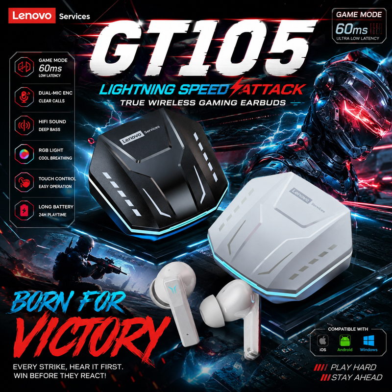 新しいレノボ GT105 ゲーミングヘッドフォン Bluetooth 6.0 ワイヤレスイヤホン RGB 照明 E スポーツイヤフォン超低遅延 24 時間プレイタイム